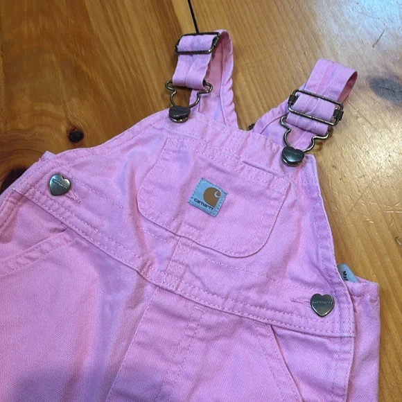 CARHARTT 9M Baby Girl Pink Corduroy Overalls Classic Bib Style Heart Buttons - Picture 2 of 5